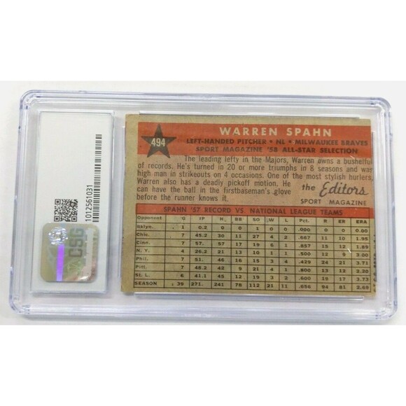 1958 Topps All Star - Warren Spahn - #494 Milwaukee Braves - CSG: 2.5 Good + - Picture 6 of 10